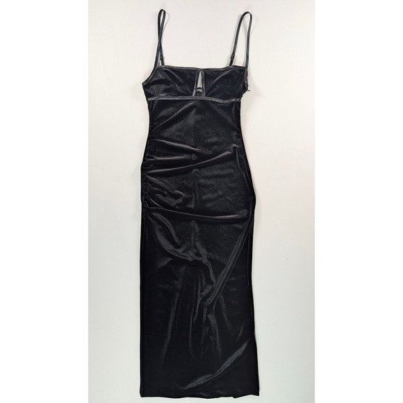 Zara Dresses & Skirts - Zara Black Velvet Midi Dress Cutout Bust Side Ruched Bodycon Womens Size XS